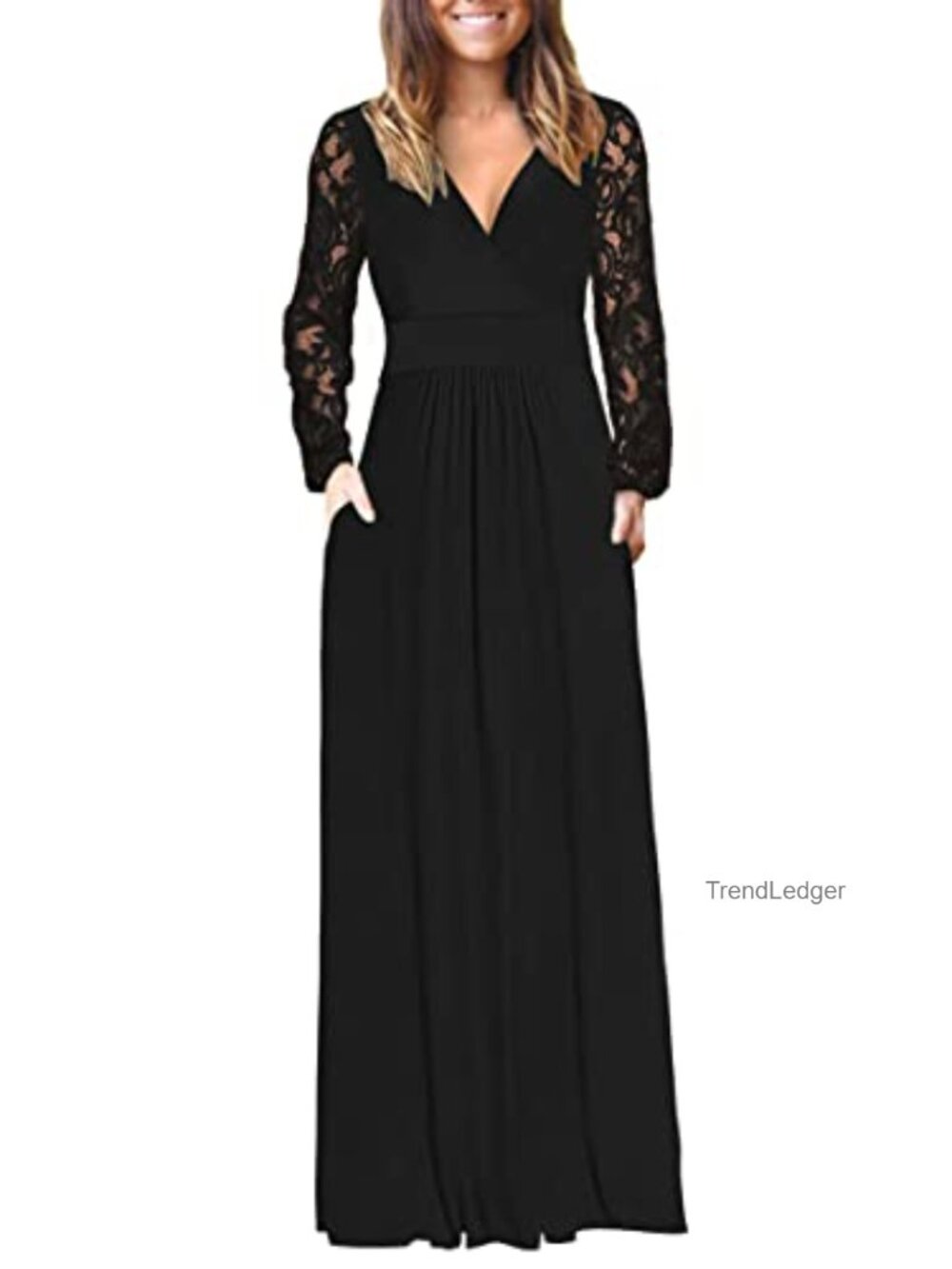Women's Lace Long Sleeve Maxi Dress V Neck Wrap Formal Party